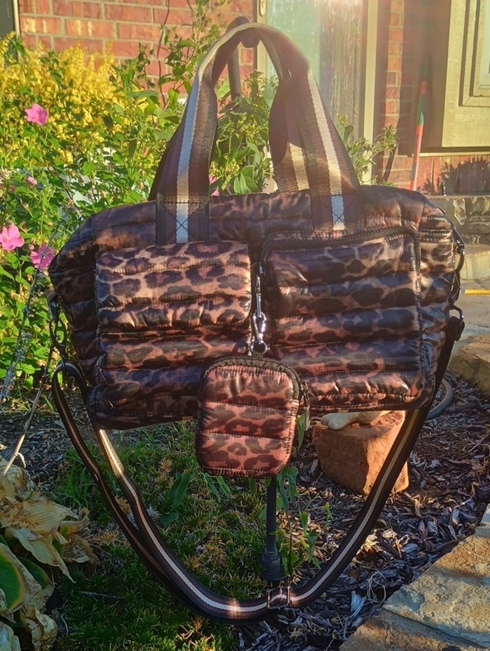 Think Royln Leopard Puffer Travel Duffle Bag Y2k With Coin Pouch Key Chain NWOT